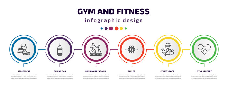 gym and fitness infographic template with icons and 6 step or option. gym and fitness icons such as sport wear, boxing bag, running treadmill, roller, fitness food, heart vector. can be used for