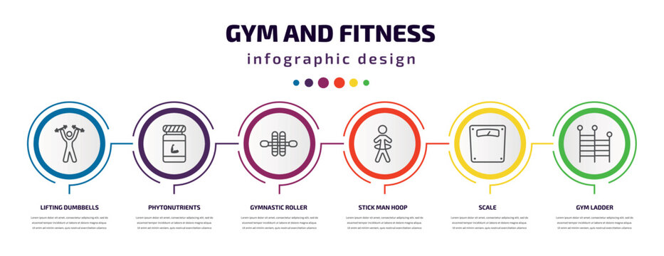gym and fitness infographic template with icons and 6 step or option. gym and fitness icons such as lifting dumbbells, phytonutrients, gymnastic roller, stick man hoop, scale, gym ladder vector. can
