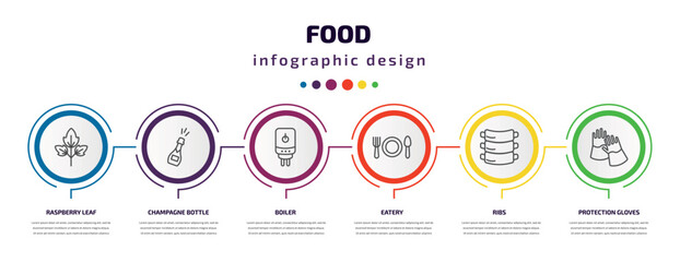 food infographic template with icons and 6 step or option. food icons such as raspberry leaf, champagne bottle, boiler, eatery, ribs, protection gloves vector. can be used for banner, info graph,
