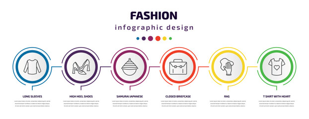 fashion infographic template with icons and 6 step or option. fashion icons such as long sleeves, high heel shoes, samurai japanese hat, closed briefcase, rag, t shirt with heart vector. can be used