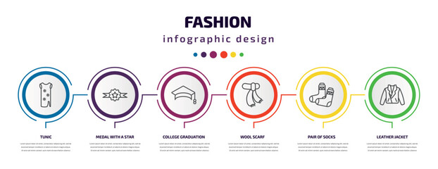 fashion infographic template with icons and 6 step or option. fashion icons such as tunic, medal with a star, college graduation cap, wool scarf, pair of socks, leather jacket vector. can be used