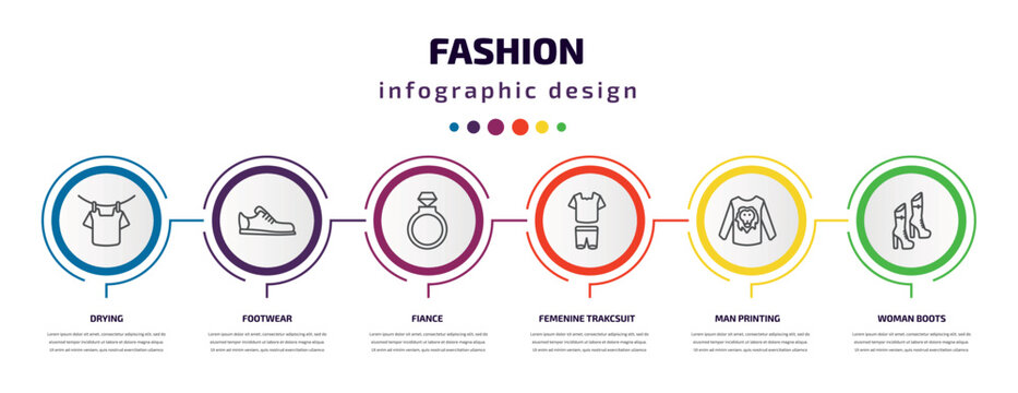 fashion infographic template with icons and 6 step or option. fashion icons such as drying, footwear, fiance, femenine trakcsuit, man printing, woman boots vector. can be used for banner, info