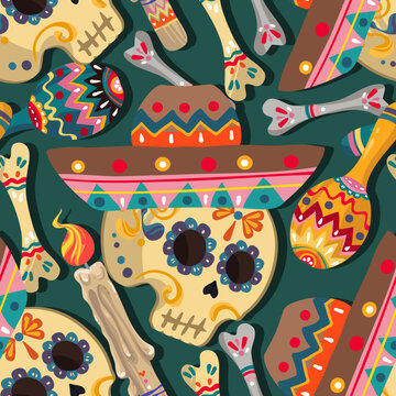 Vector illustration. Die de los muertos. Mexican holiday. The day of the Dead,  festival, handmade, dark background, seamless pattern