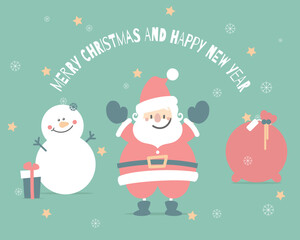 merry christmas and happy new year with cute santa claus, snowflake, star, reindeer, snowman in the winter season green background, flat vector illustration cartoon character costume design