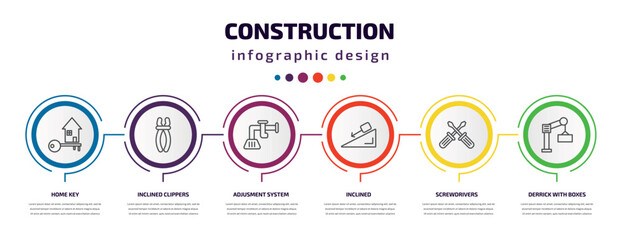 construction infographic template with icons and 6 step or option. construction icons such as home key, inclined clippers, adjusment system, inclined, screwdrivers, derrick with boxes vector. can be