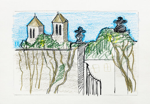 hand-drawn castle wall entwined with tree branches by black pen and color pencils on old textured paper