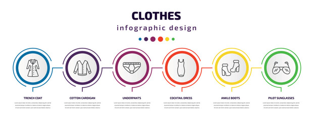 clothes infographic template with icons and 6 step or option. clothes icons such as trench coat, cotton cardigan, underpants, cocktail dress, ankle boots, pilot sunglasses vector. can be used for
