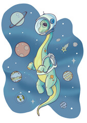 Dinosaurio espacial, Brontosaurio astronauta viajando entre planetas y estrellas. © PabloIlustrado