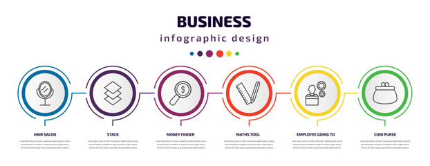 business infographic template with icons and 6 step or option. business icons such as hair salon, stack, money finder, maths tool, employee going to work, coin purse vector. can be used for banner,