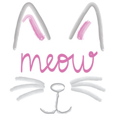 Meow - handwritten text on a Cat outline with whiskers and ears in grey and pink colors