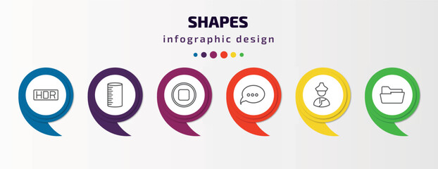 shapes infographic template with icons and 6 step or option. shapes icons such as hdr, cylinder volumetric, round stop button, speech bubble black, mongolian, open folder vector. can be used for