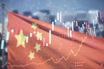 Abstract creative financial graph and world map on Chinese flag and skyline background, financial...