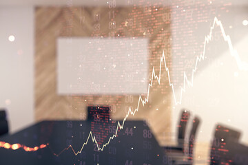 Double exposure of abstract creative financial diagram and world map on a modern boardroom...