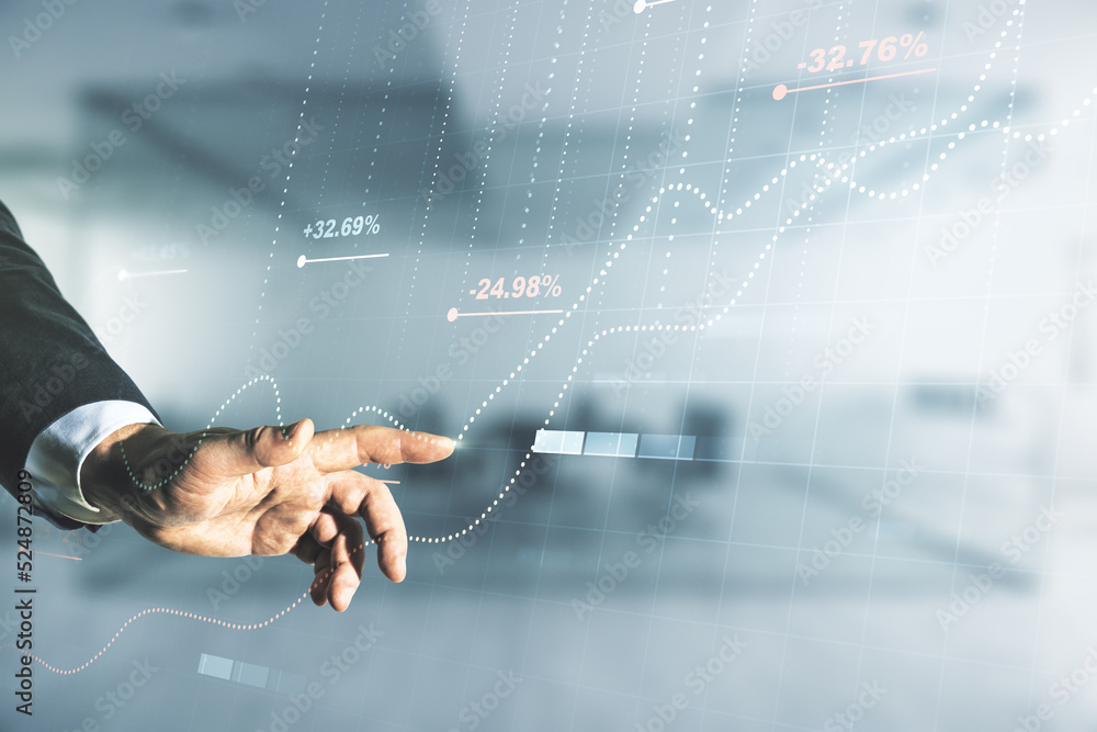 Poster Multi exposure of male hand working with abstract statistics data hologram interface on blurred office background, computing and analytics concept