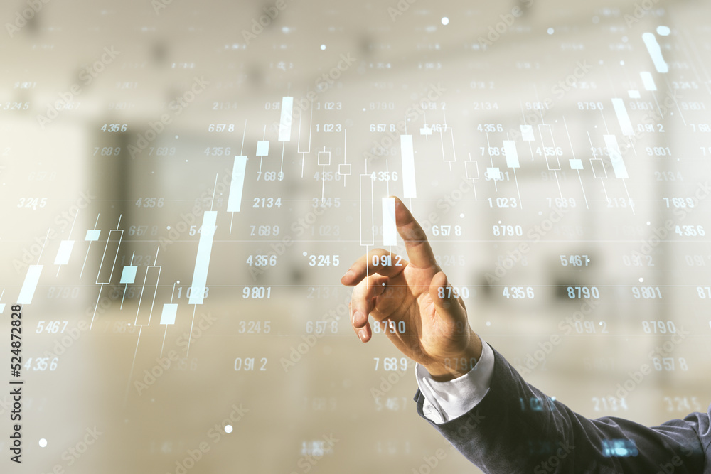 Poster multi exposure of male hand working with abstract statistics data hologram interface on blurred offi