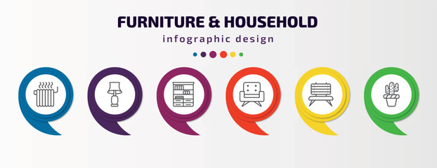 furniture & household infographic template with icons and 6 step or option. furniture & household icons such as heating, table lamp, bookshelf, fauteuil, bench, cactus vector. can be used for