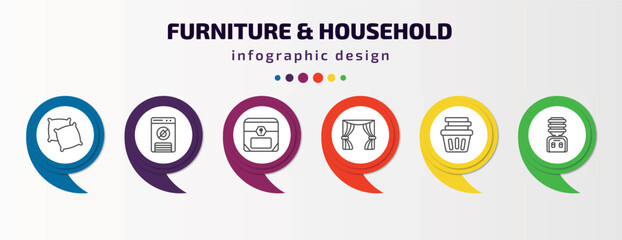 furniture & household infographic template with icons and 6 step or option. furniture & household icons such as pillows, dehumidifier, chest, curtain, laundry hamper, water dispenser vector. can be