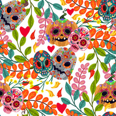 Vector illustration. Die de los muertos. Mexican holiday. The day of the Dead, festival, light background, seamless pattern, handmade