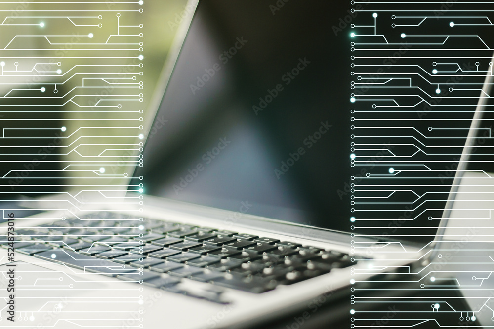 Aufkleber Double exposure of circuit hologram on laptop background. Research and development hardware concept