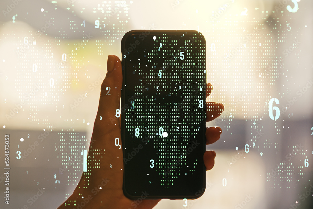 Poster double exposure of abstract creative programming illustration with world map and hand with cellphone