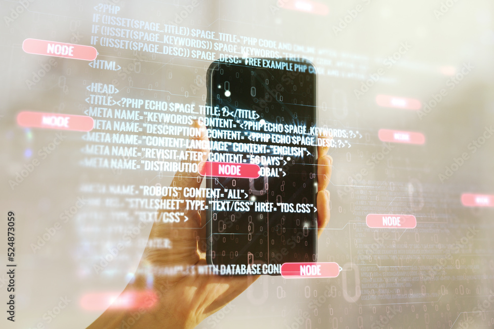 Poster double exposure of abstract programming language hologram and hand with cell phone on background, re