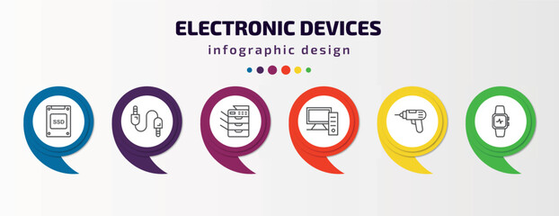 electronic devices infographic template with icons and 6 step or option. electronic devices icons such as ssd, sound cable, copy hine, personal computer, driller, smartwatch vector. can be used for