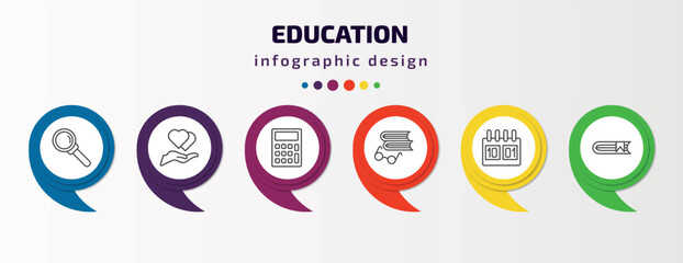 education infographic template with icons and 6 step or option. education icons such as magnification lens, hand care, school calculator, book and glasses, school calendar, hardbound book vector.