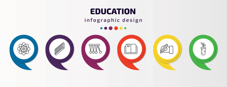 education infographic template with icons and 6 step or option. education icons such as photon, blackboard eraser, newton cradle, book with bookmark, write by hand, plant sample vector. can be used