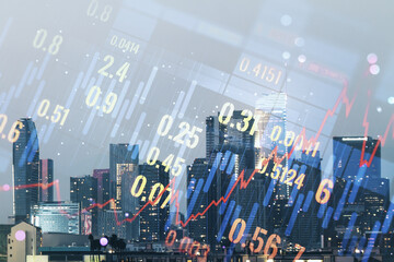 Multi exposure of virtual abstract financial graph interface on Los Angeles cityscape background,...