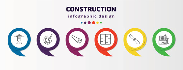 construction infographic template with icons and 6 step or option. construction icons such as hydraulic breaker, pallete, big saw, paving, chisel, vector. can be used for banner, info graph, web,