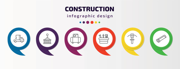 construction infographic template with icons and 6 step or option. construction icons such as crane truck, derrick with pallet, air compressor, tool box, inclined picker, hacksaw vector. can be used