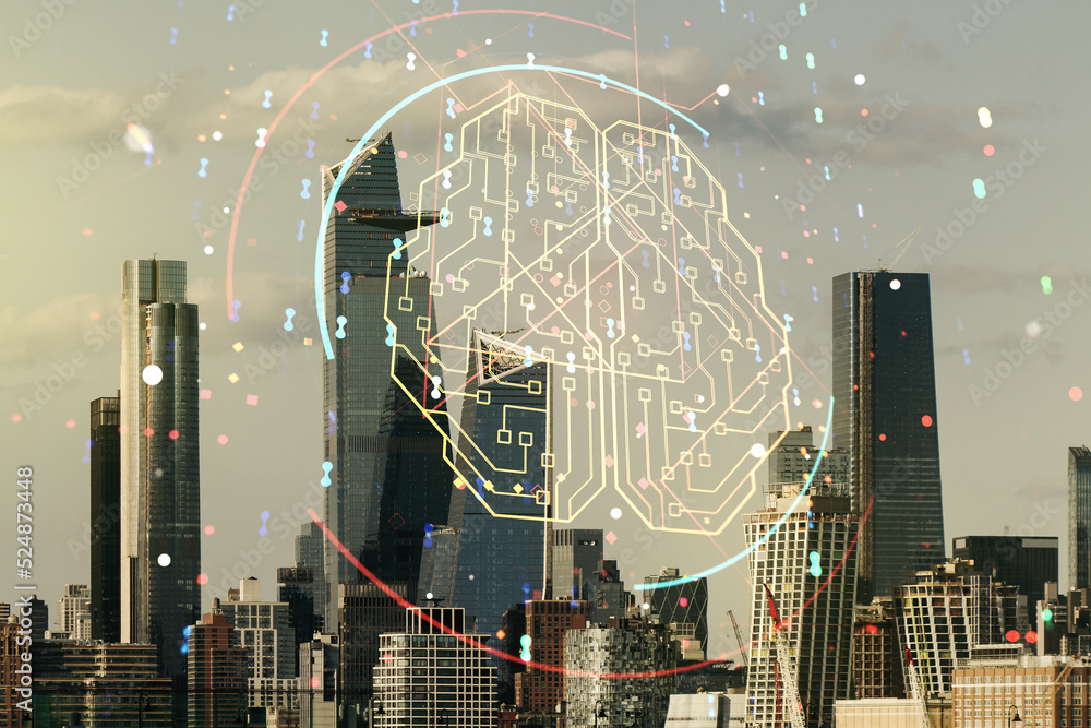 Poster double exposure of creative artificial intelligence interface on new york city skyscrapers backgroun