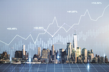 Fototapeta na wymiar Multi exposure of virtual creative financial chart hologram on New York skyscrapers background, research and analytics concept