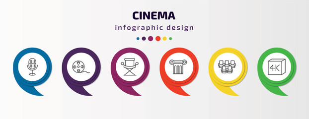 cinema infographic template with icons and 6 step or option. cinema icons such as movie microphone, movie roll, director film chair, theatre pillar, theatre seats, 4k vector. can be used for banner,