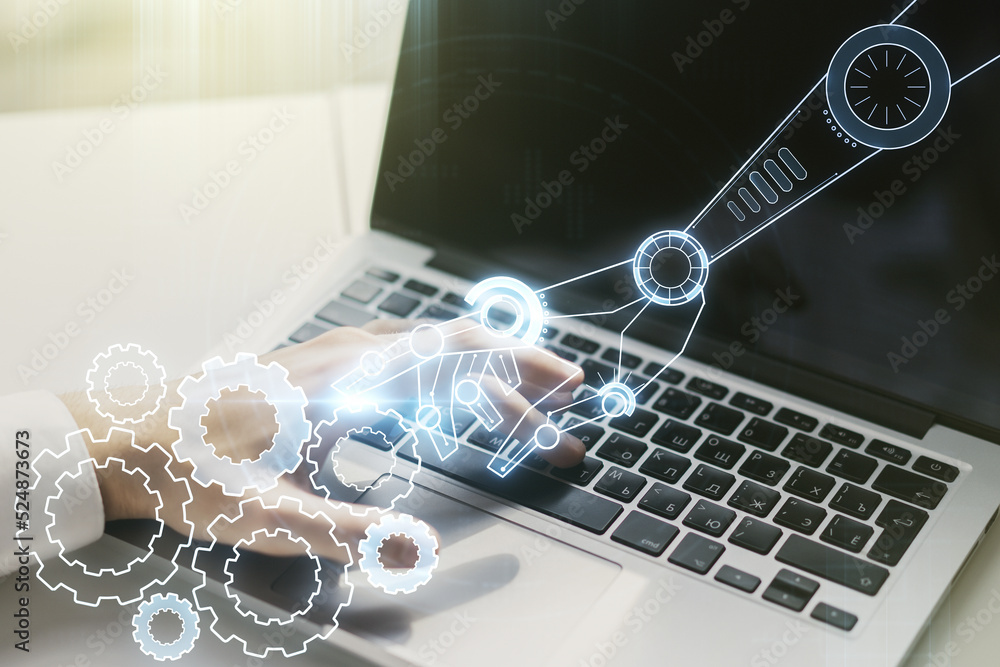 Leinwandbilder creative abstract robotics technology sketch and hands typing on computer keyboard on background, fu