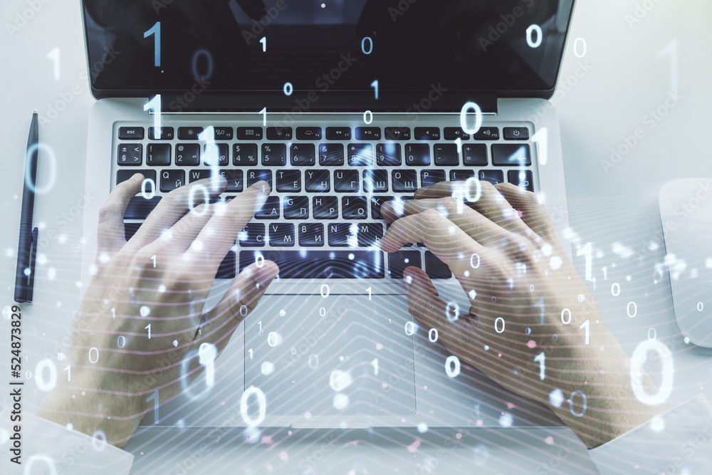 Aufkleber creative concept of binary code illustration and hands typing on laptop on background. big data and 