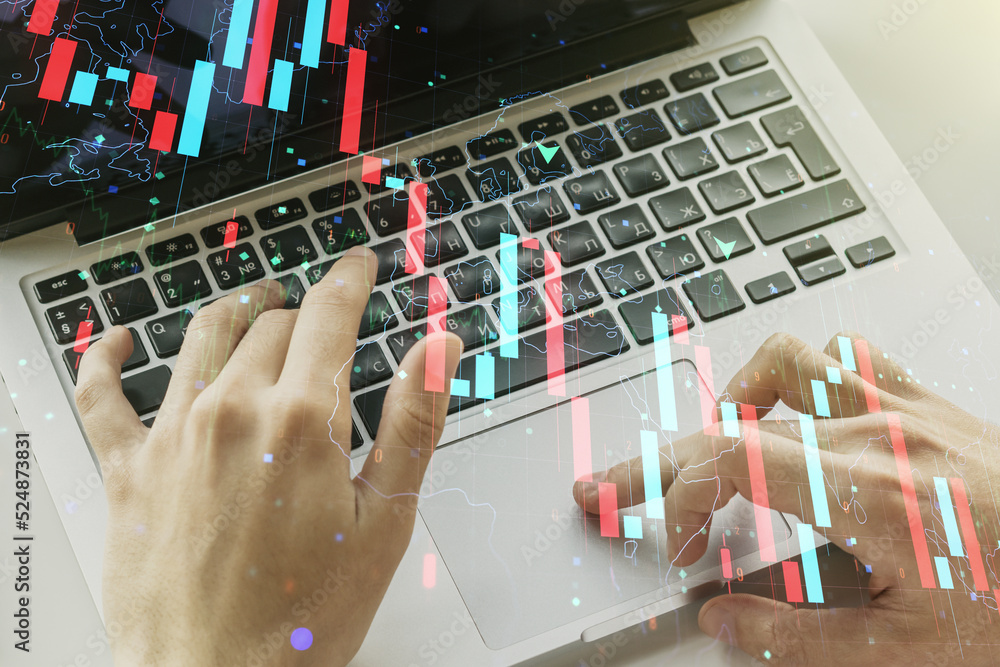Poster creative abstract economic crisis chart with world map hologram and with hands typing on computer ke