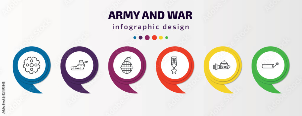 Poster army and war infographic template with icons and 6 step or option. army and war icons such as chambe