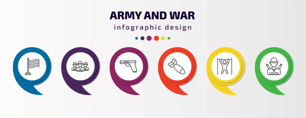 army and war infographic template with icons and 6 step or option. army and war icons such as patriot, brigade, gun, airplane bomb, pull up, infantry vector. can be used for banner, info graph, web,