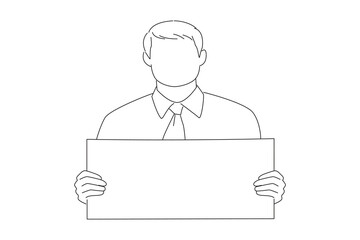 Drawing of young businessman showing blank signboard, with copyspace area for text or slogan. Line art style