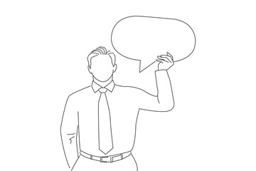 Cartoon of businessman holding a yellow speech bubble on white. One line art