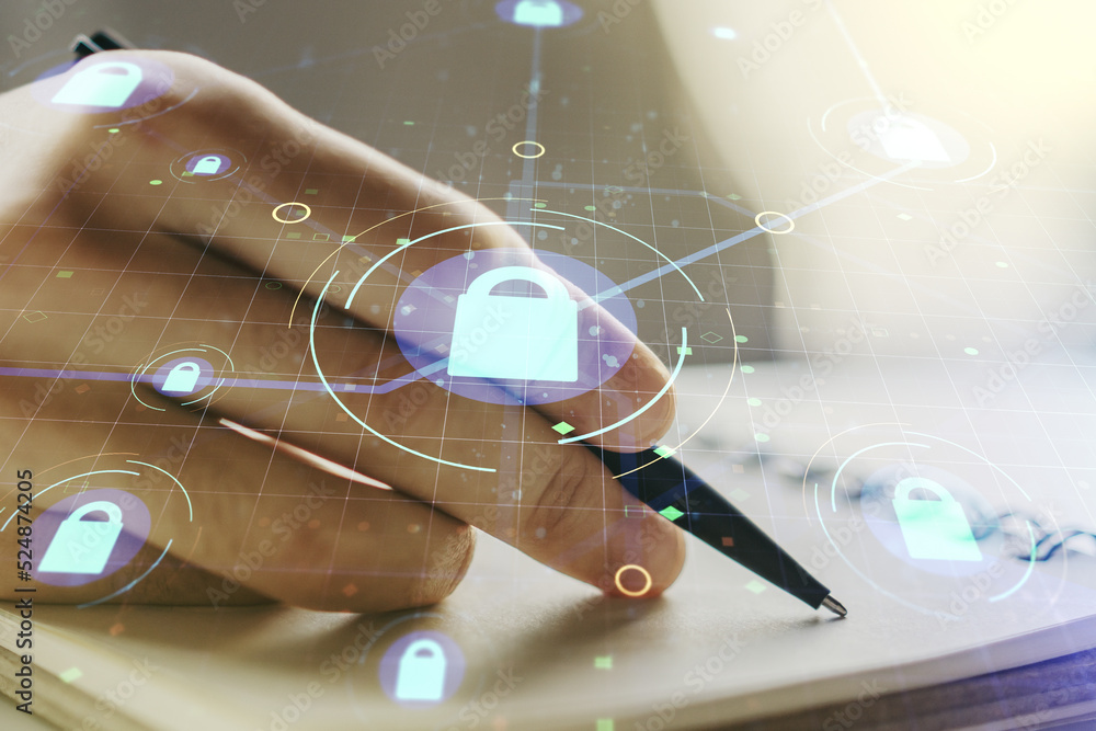 Poster creative lock sketch with chip hologram and man hand writing in notepad on background, protection of