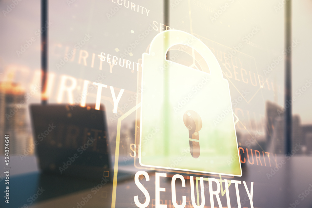 Poster creative lock sketch with chip hologram and modern desk with computer on background, protection of p