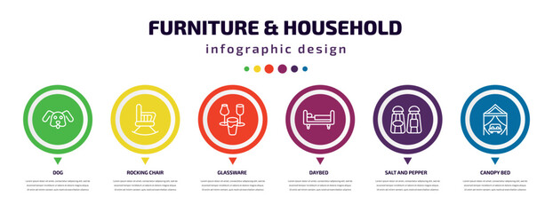 furniture & household infographic element with icons and 6 step or option. furniture & household icons such as dog, rocking chair, glassware, daybed, salt and pepper shakers, canopy bed vector. can