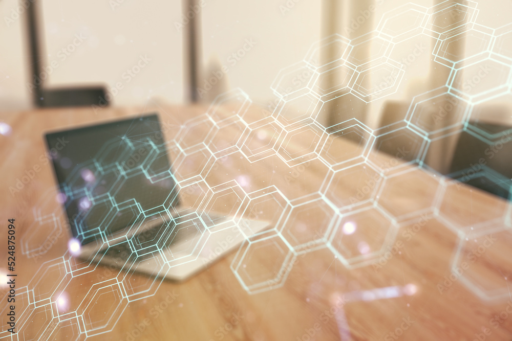 Poster double exposure of technology hologram with hexagon on laptop background. research and development s