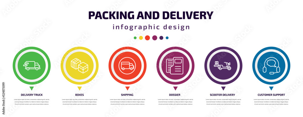 Poster packing and delivery infographic element with icons and 6 step or option. packing and delivery icons