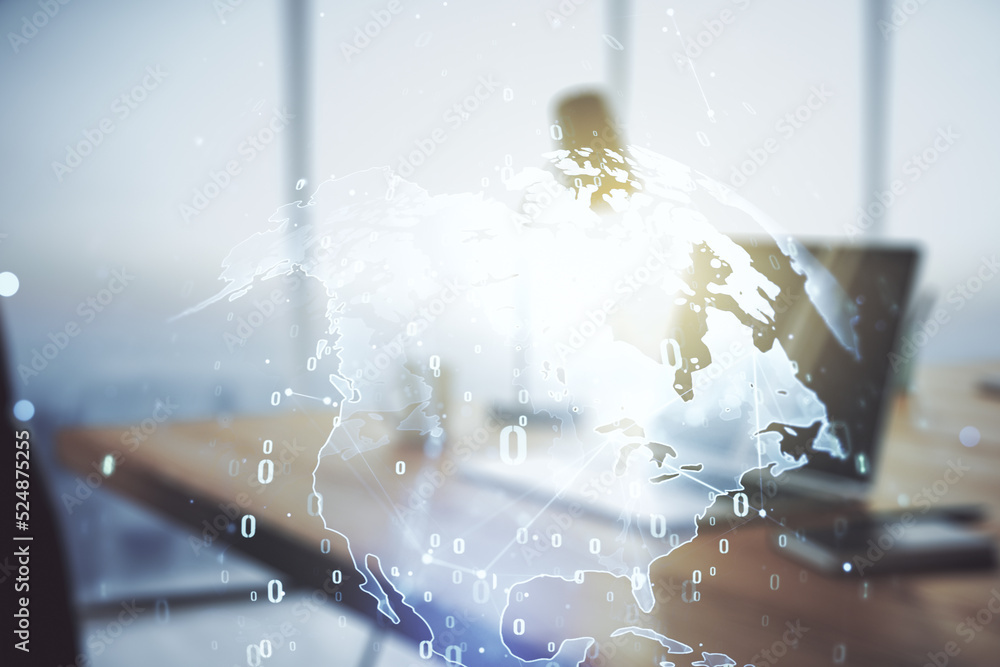 Poster multi exposure of abstract software development hologram with world map on laptop background, global