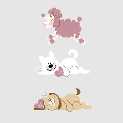 Naklejka premium collection set of cute and lovely hand drawn dog holding heart and love letter, happy valentine's day, flat vector illustration cartoon character costume design