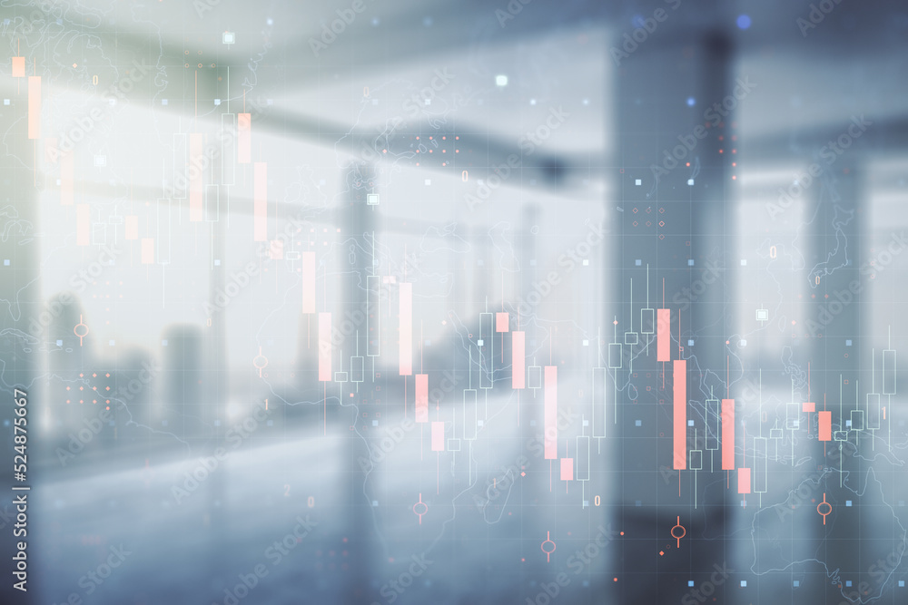 Poster double exposure of abstract virtual global crisis chart and world map hologram on empty modern offic