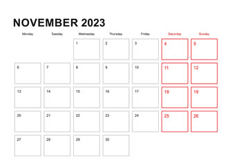 Wall planner for November 2023 in English language, week starts in Monday.